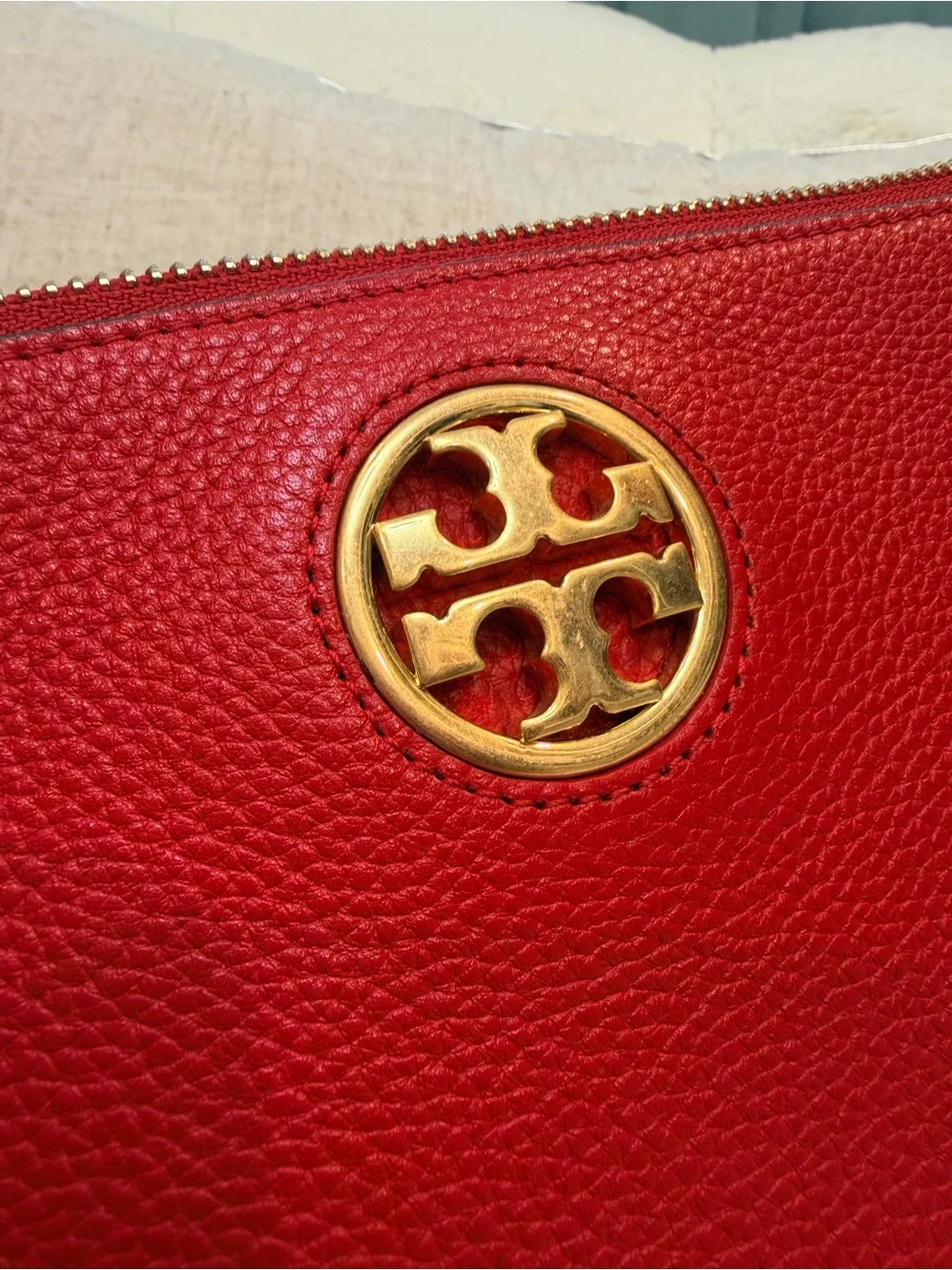 Tory Burch Red Pebbled Leather Crossbody with Gold Emblem